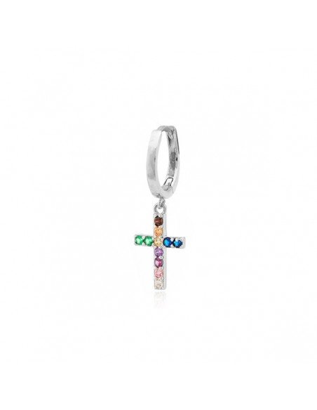 Agatha Paris Hoop Earring With Multicolour Silver Tone Cross.