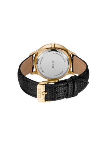 Montre Cluse Minuit pour femme : cuir noir, cadran doré, style moderne et élégant