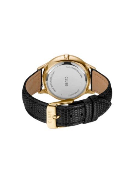 Montre Cluse Minuit pour femme : cuir noir, cadran doré, style moderne et élégant
