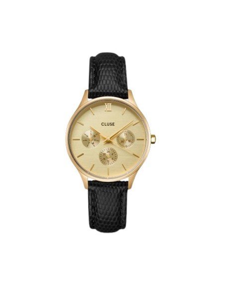 Cluse Minuit Damenuhr: schwarzes Leder, goldenes Zifferblatt, modernes und elegantes Design