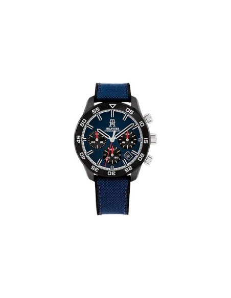 Montre Tommy Hilfiger, bracelet en nylon bleu, cadran noir, design élégant et résistant