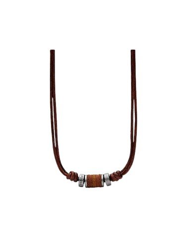 Collier Fossil en cuir brun et acier inoxydable, design moderne et intemporel pour hommes