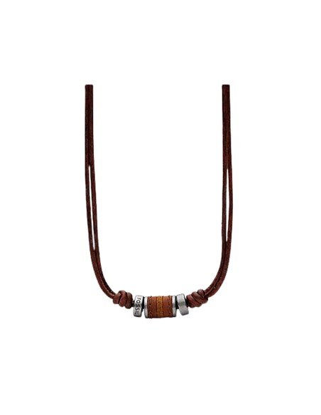 Colar Fossil em pele castanha e aço inoxidável, design moderno e intemporal para homem