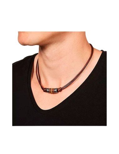 Collier Fossil en cuir brun et acier inoxydable, design moderne et intemporel pour hommes