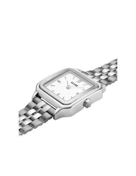 Reloj femenino Cluse Gracieuse plateado, diseño cuadrado y esfera blanca elegante