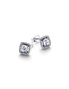 Pandora Halo Square Ohrringe: Eleganz in Silber mit blauem Stein und Zirkonia. 2