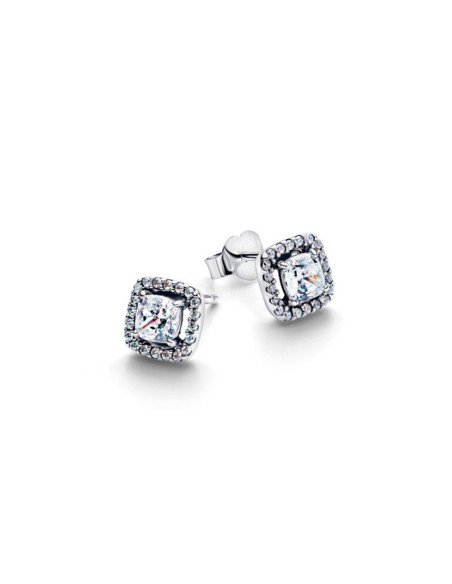 Pandora Halo Square Ohrringe: Eleganz in Silber mit blauem Stein und Zirkonia.
