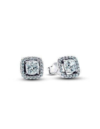 Pandora Halo Square Ohrringe: Eleganz in Silber mit blauem Stein und Zirkonia.