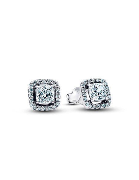 Pandora Halo Square Ohrringe: Eleganz in Silber mit blauem Stein und Zirkonia.