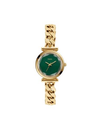 Fossil Carlie Uhr: goldene Eleganz mit facettiertem Kristall und Gliederarmband
