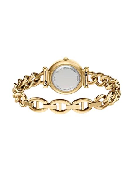 Fossil Carlie Uhr: goldene Eleganz mit facettiertem Kristall und Gliederarmband