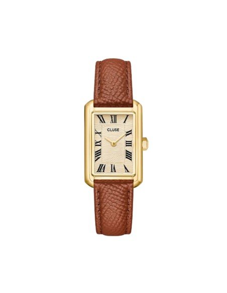 Reloj Cluse Belisenna: caja y esfera doradas, correa de piel marrón, diseño atemporal