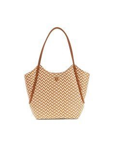 GUESS BOLSO TOTE PARA MUJER GRANDE 2 EN 1 COLOR COÑAC Y BLANCO TEXTURIZADO MULTICOLOR